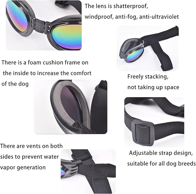 Dog Goggles Dog Sunglasses Adjustable Strap for Waterproof Windproof UV Protection Sunglasses for Pet, for Go Out Travel Skiing Swim (Black)