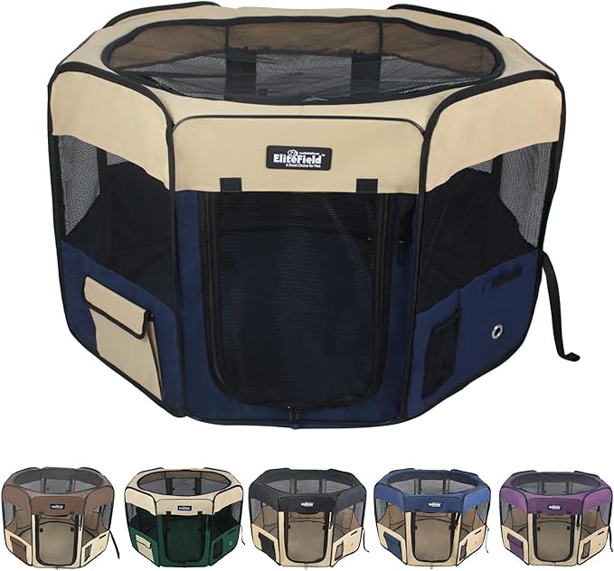 EliteField 2-Door Soft Pet Playpen (2 Year Warranty), Exercise Pen, Multiple Sizes and Colors Available for Dogs, Cats and Other Pets (42" x 42" x 24"H, Beige+Navy Blue)