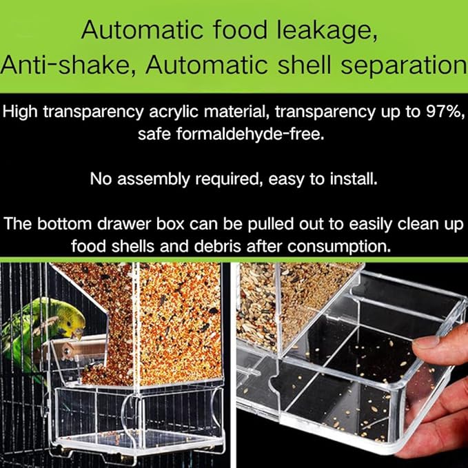 Automatic Bird Feeder, No Mess, Transparent Acrylic, Reducing Waste, Bird Cage Accessories for Parakeet, Canary, Cockatiel, Finch, Conure