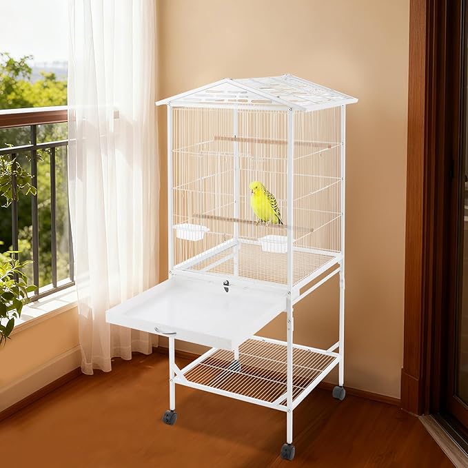 Bird Cage with Wheels, Breeding Cage Wrought Iron Flight Cage with Wooden Stand, Removable Tray & Feeding Bowls for Parrots, Canaries, Lovebirds Finches, 18" L x 18" W x 54" H