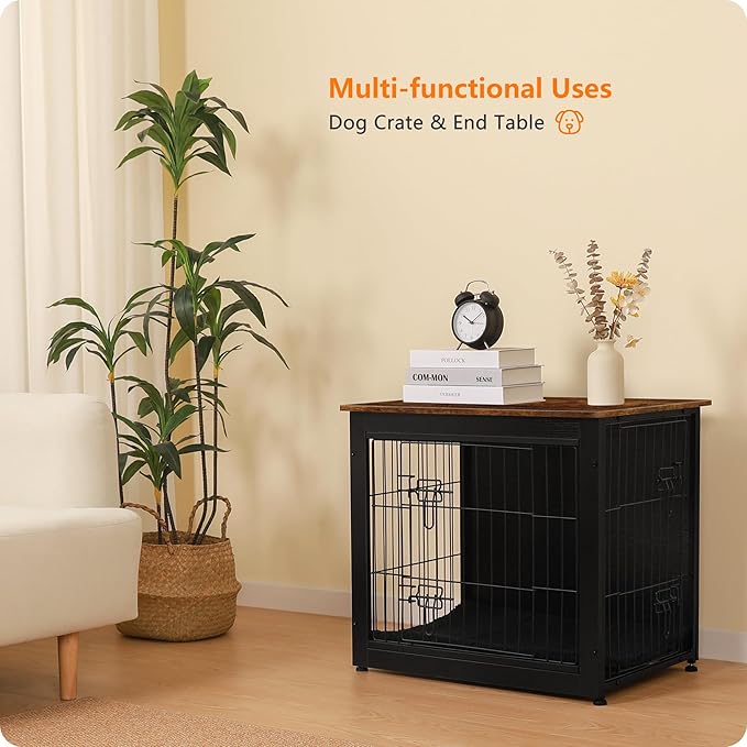 DWANTON Dog Crate Furniture with Cushion, Wooden Kennel Table with Double Doors, Indoor Dog House, Small/Medium/Large Size, 27.2" L, Black+Rustic Brown