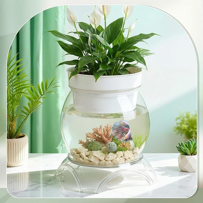 Geelin 0.5 Gallon Plastic Aquaponic Betta Fish Tank Aquaponic with Base and Top, Small Bowl Shatterproof Ecosystem Aquarium with Clear Clarity for Terrarium, Flower Vase Betta Fish Centerpiece Gifts