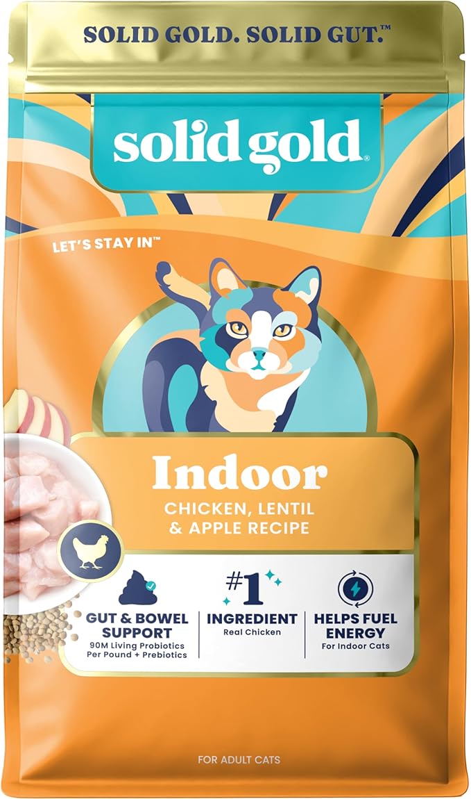 Solid Gold Indoor Dry Cat Food - Grain Free & Gluten Free - Chicken Cat Food Dry Kibble for Indoor Cats w/Probiotics & Fiber for Gut Health - Sensitive Stomach & Hairball Support for Adult Cats - 3LB