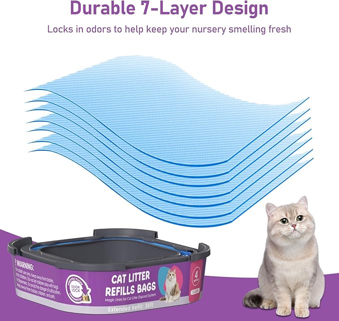 Cat Litter Refill Bags Cartridge, Compatible with Litter Cat Genie Standard, Plus, XL, XL+ Pail Refills, 7-Layer Odor Control Pet Waste Bags 8 Pack