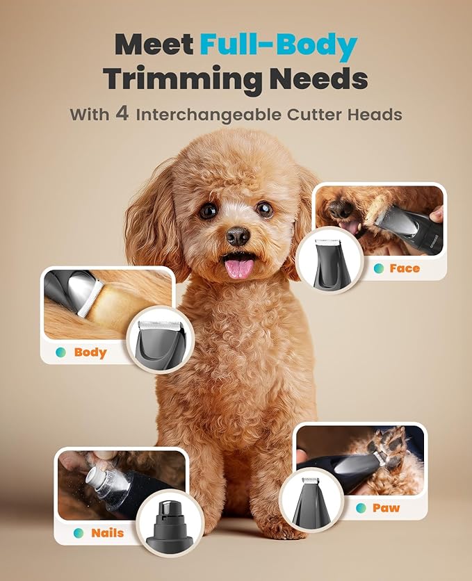 oneisall Professional Dog Grooming Kit at Home: All-in-One Quiet Clippers & Nail Grinder with LED Light, 2000mAh Cordless Dog Shaver, Safe Poodle Grooming Kit for Paws, Face, Ears & Body