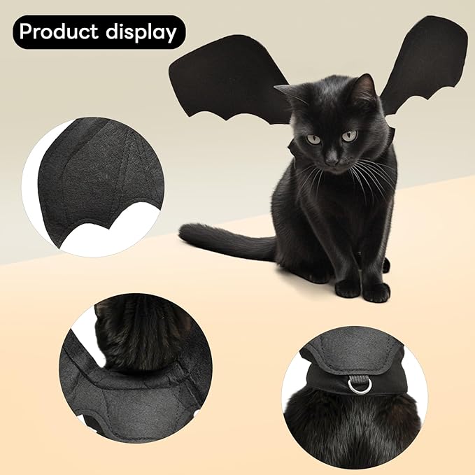 Batwing Cat Costume with Leash Hook - Soft Felt Kitten Costume, Adjustable Cat Puppy Clothes for Cosplay Party Walks (L)