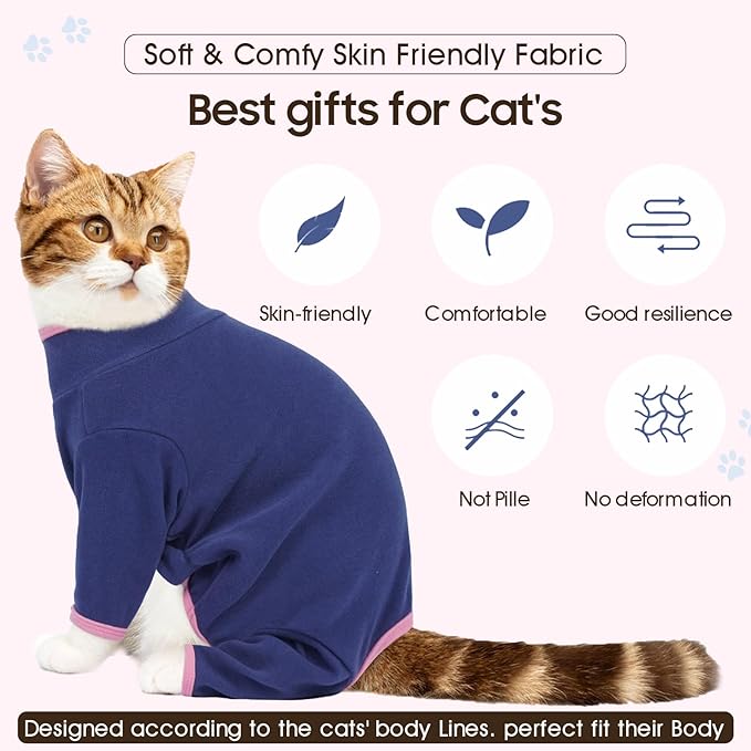 DENTRUN Cat Clothes for Hair Control with Hair Sticky Fabric - Soft Recovery Suit & Breathable Lint-Resistant Cat Sweater for Cats Only, Kitten Onesie Pajamas, XXL, Blue