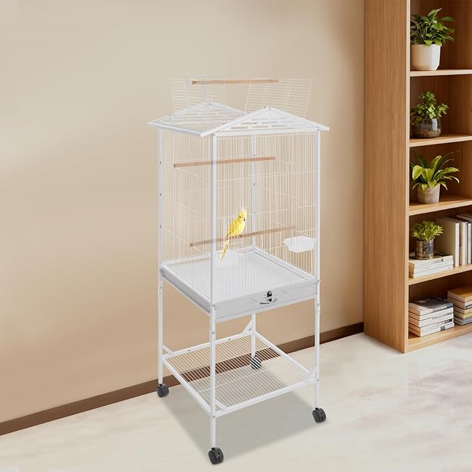 Large Heavy Duty Wrought Iron Bird Cage with Open Play Top Area & Rolling Stand, Spacious Flight Cage for Parrots, Parakeets, Cockatiels & Lovebirds (White)