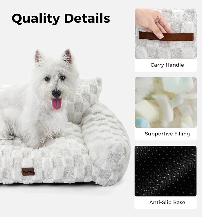 Made4Pets Cat Beds for Indoor Cats, Cat Couch Bed, Soft Faux Fur Checkered Pet Sofa, Calming Fluffy Kitten Sofa with Supportive Foam, Removable Washable Cover with Non-Slip Base, White, Small