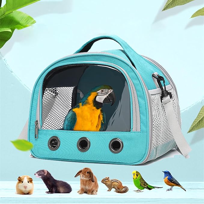Parrot Carrier Travel Bird Carrier 12 * 8 * 10in Panoramic View with Plush Mat Metal Tray Grid Foot Pad for Parrot Hamster Hedgehog Rabbit Sugar Glider (Dark Blue)