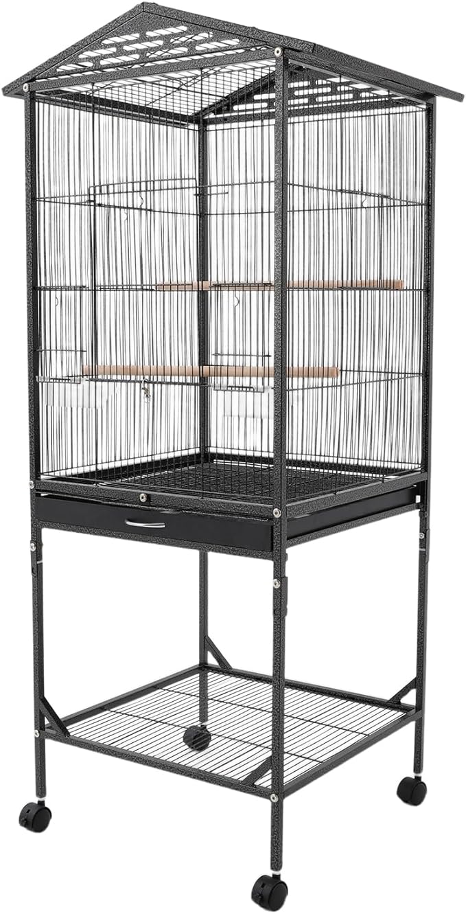 Large Bird Cage with Stand & Wheels, Freestanding Parakeet Birdcage with Wooden Stands & Feeding Cups, 49.2 Inch Bird Flight Cages for Parrot Canaries Cockatiels Budgie Parrotlet (Black-C)