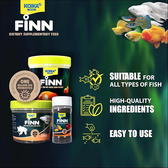 KOIKA FINN Probiotic Fish Food Pellets for Ornamental Fish, 43% Protein with Bacillus Probiotics, Supports Digestion and Immune Health for Daily Feeding (250g, Koi Carp - 1.5mm Pellets)