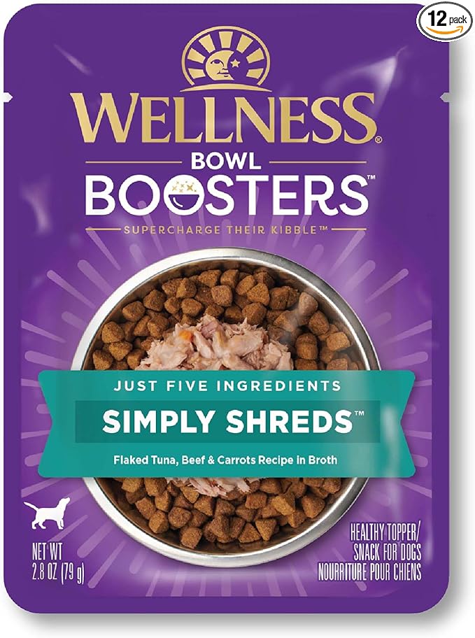 Wellness Bowl Boosters Simply Shreds Wet Dog Food Topper for Small, Medium, and Large Breeds, Grain Free, Natural, Tuna, Beef, and Carrots Recipe, 2.8 oz, Pack of 12 Pouches