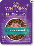 Wellness Bowl Boosters Simply Shreds Wet Dog Food Topper for Small, Medium, and Large Breeds, Grain Free, Natural, Tuna, Beef, and Carrots Recipe, 2.8 oz, Pack of 12 Pouches