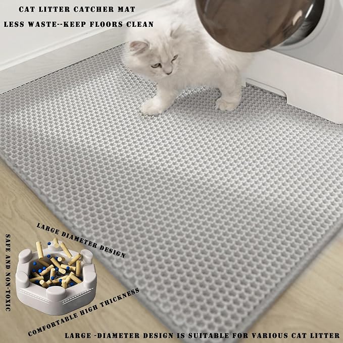 HCY&WLD Cat Litter Mat, 45x26/35x24/30x22/24x18 Inch Double Layer Cat Litter Box Mat, EVA Non-Slip, Waterproof Urine Proof Cat Litter Catcher Mat, Easy Clean Scatter Control (24x18 Inch, Gray)