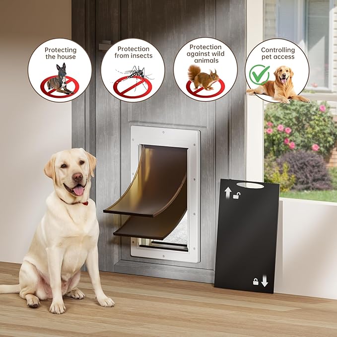 Never Rust Dog Door with Durable Plastic Frame, Large Doggy Door for Interior and Exterior Doors, Doggie Door with Magnetic Flaps, Closing Panel, Telescoping Tunnel, for Pets Up to 100lb