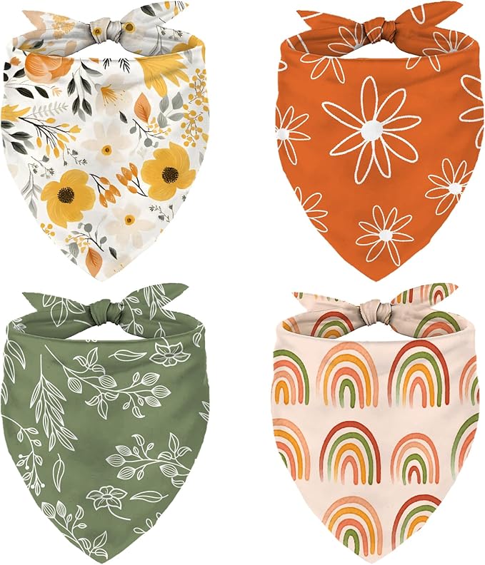 Whaline 4Pcs Boho Pet Bandanas Spring Daisy Dog Scarf Washable Adjustable Triangle Dog Bibs Puppy Neckerchief for Cat Pet Birthday Costume Accessories
