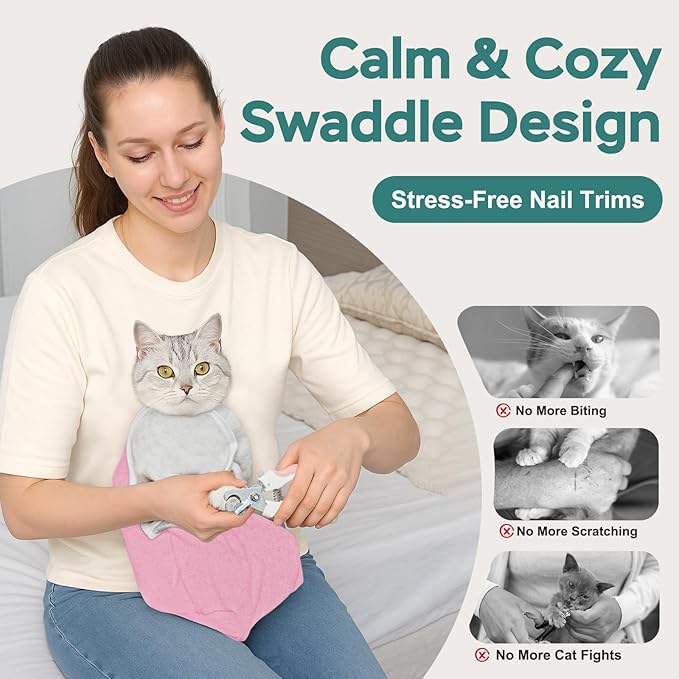 Self-Adhesive Cat Grooming Wrap, Cozy Cat Wrap for Cutting Nails, Breathable Anti-Scratch Cats Swaddle Bag for Brushing, Ear Cleaning, Dental Care, Medication, Injections,Pink L