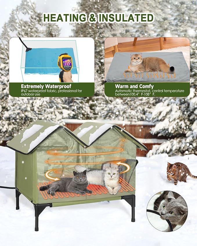 Large Heated Cat House for Outside in Winter, Elevated Insulated Heated Outdoor Cat House Weatherproof with Heating Pad, Waterproof Outdoor Cat Shelter for Multiple Cats Small Dogs(Green)