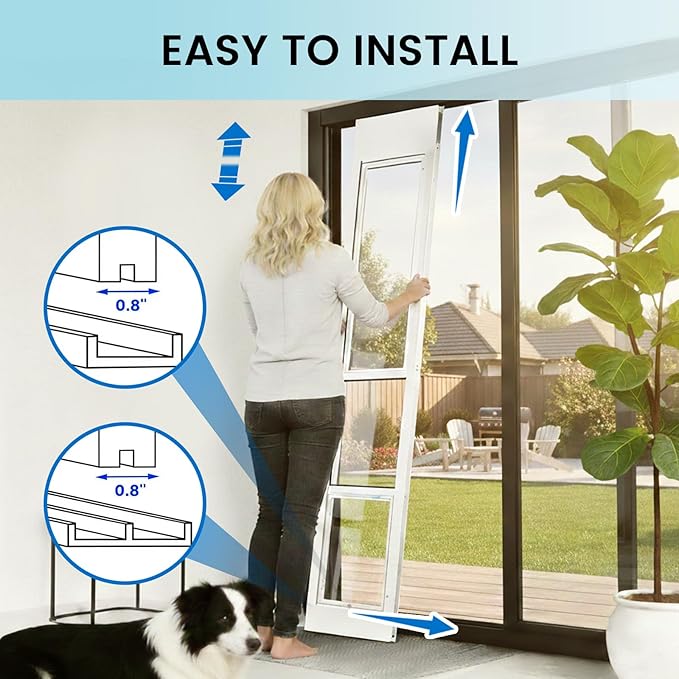 Anti-Shatter Dog Door for Sliding Glass Door,White Sliding Glass Dog Door Insert with Adjustable Height 76.8" to 82.7", No-Cut DIY Installation,Aluminum Frame & Secure Lock for Large Dogs