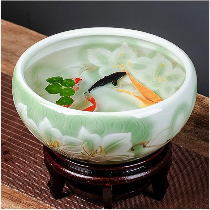 Fish Tabk Ceramic Goldfish Bowl Fish Tank Hand-Painted Desktop Large Lucky Turtle Tank Narcissus Lotus Pot Tank Aquarium Starter Kits Cool Fish Tank(Color:C,Size:24cm)