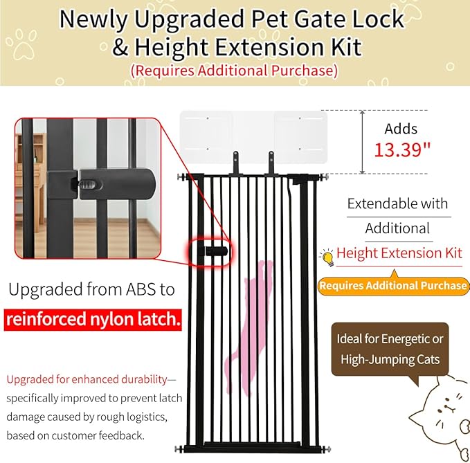 Lumizone Extra Tall Cat Gate 61.02" High Pressure Mounted Extra Wide 2025 New (17 Sizes) 1.37" Gap No Drilling Auto-Close One-Handed Operation Tall Pet Gate for Dogs(Black, 61.02" H x 29.92"-59.44" W)
