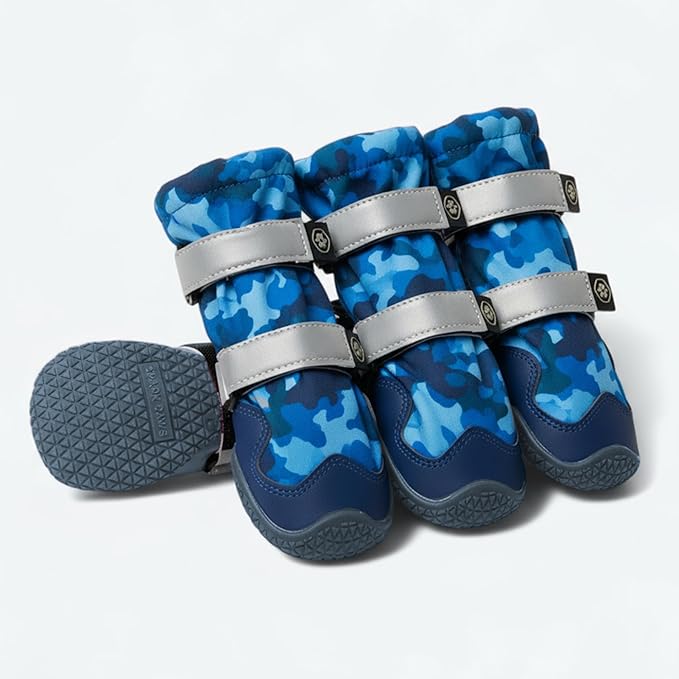Spark Paws Dog Shoes, Waterproof Dog Boots for Medium to Large Dogs, Non Slip, Breathable Dog Booties and Paw Protectors - 4PCS Doggie Hiking Boots with Reflective Straps, Blue Camo, Size 5