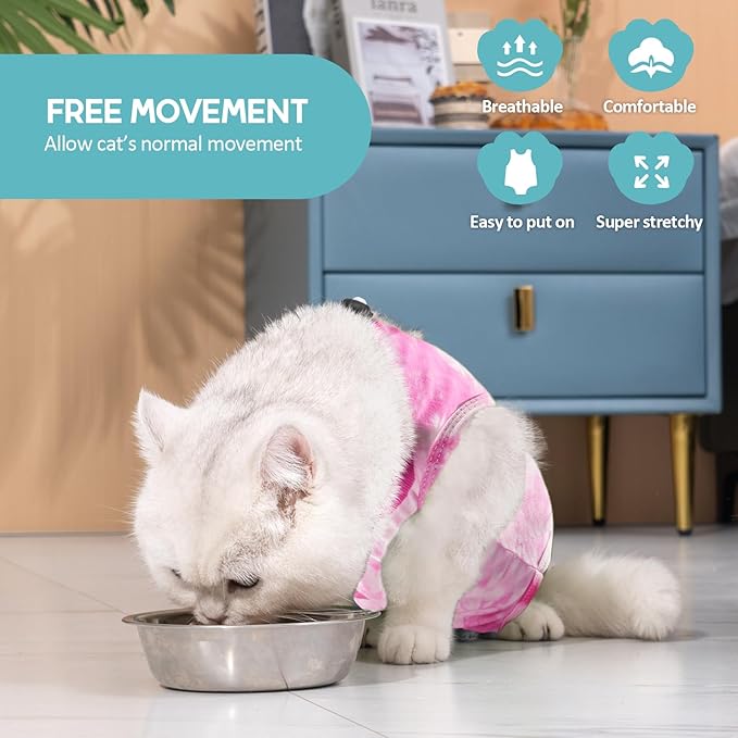 Avont Cat Recovery Suit - Kitten Onesie for Cats After Surgery, Cone of Shame Alternative Surgical Spay Suit for Female Cat, Post-Surgery or Skin Diseases Protection -Tie-dye Pink(L)