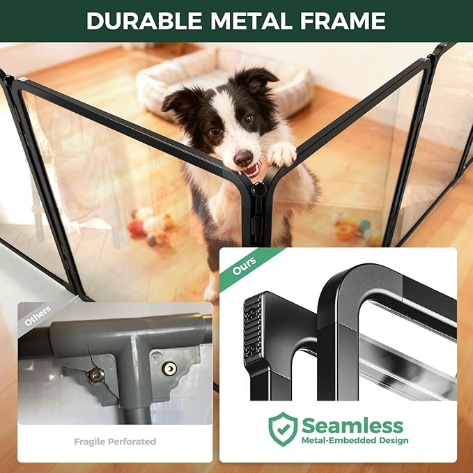 FXW AuraSpace Pro Metal & Acrylic Indoor Dog Playpen, All-Acrylic Clear Heavy-Duty Design, 32" Height 8 Panels for Small and Medium Dogs, Black│Patented