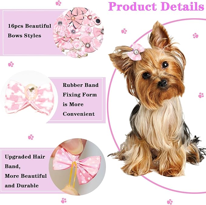 Dog Hair Bows, 16 Pink Pieces with Rhinestones and Pearls, Pet Fashion Accessories