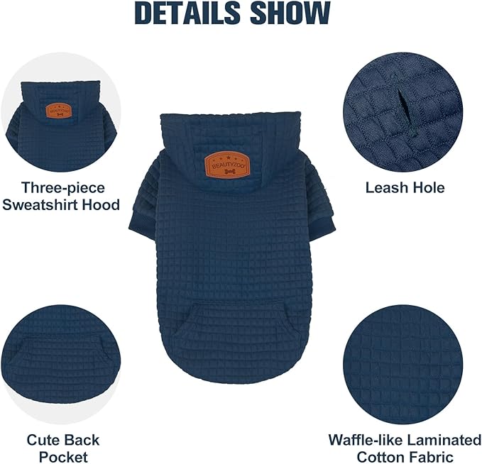 BEAUTYZOO Small Dog Hoodie Sweater with Pockets, Dog Clothes for Small Medium Dogs Boy Girl, Waffle-Like Laminated Cotton Pet Coats with Hat and Leash Hole, Navy Blue ML