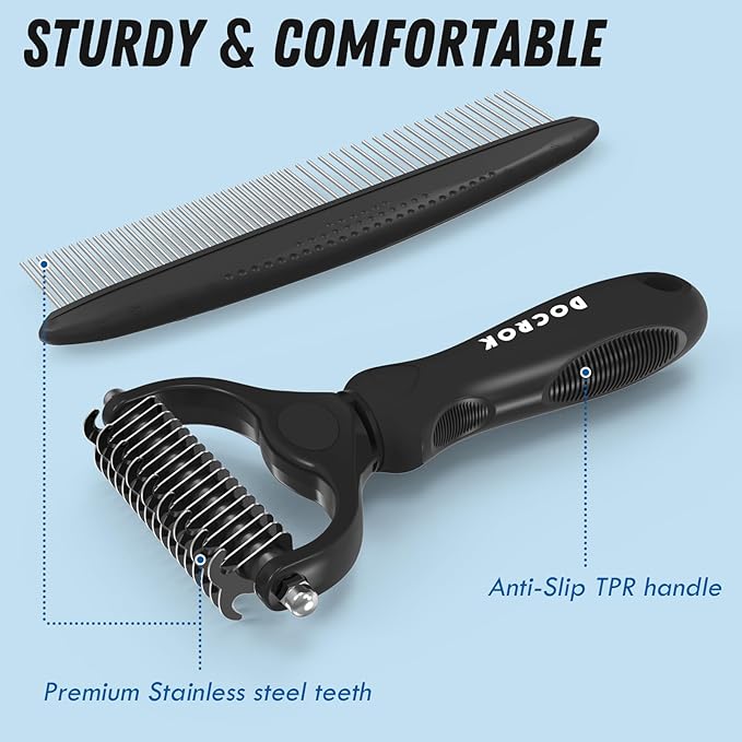 Pet Grooming Combo: Undercoat Rake, Dematting Deshedding Brush for Long-Haired Dogs and Cats, Black