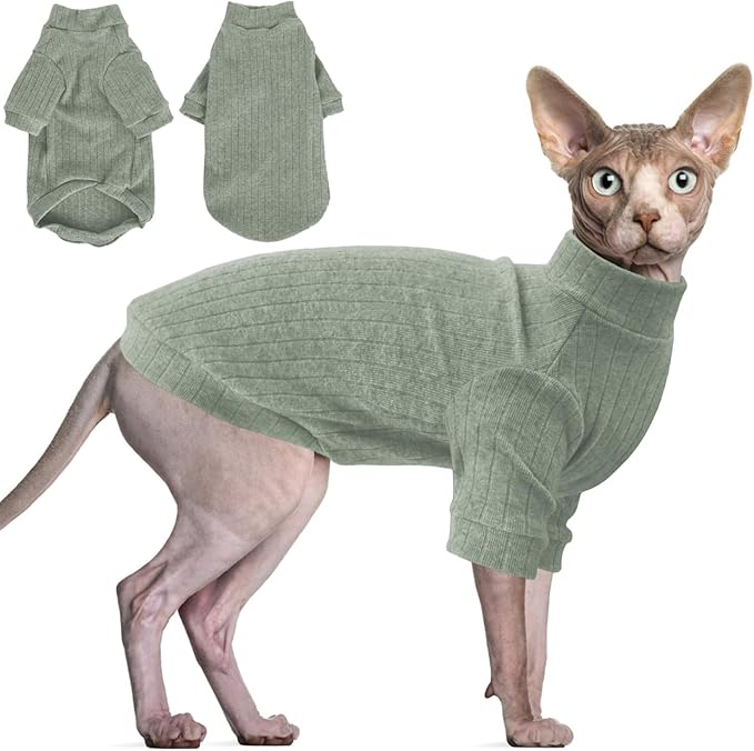 Idepet Sphynx Hairless Cats Sweater Shirt Kitten Soft Puppy Clothes Pullover Cute Cat Pajamas Jumpsuit Cotton Apparel Pet Winter Turtleneck for Cats and Teacup Chihuahua Small Dogs(Green,S)
