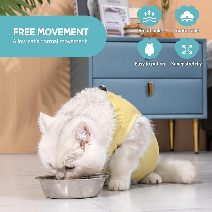 Avont Cat Recovery Suit - Kitten Onesie for Cats After Surgery, Cone of Shame Alternative Surgical Spay Suit for Female Cat, Post-Surgery or Skin Diseases Protection -Yellow(L)