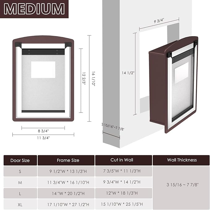 Dog Door for Wall, Dog Door with Double Magnetic Flaps, Double Lock Panels, Steel Frame and Telescoping Tunnel, Doggie Door for Interior and Exterior Wall, Medium, Coffee Color