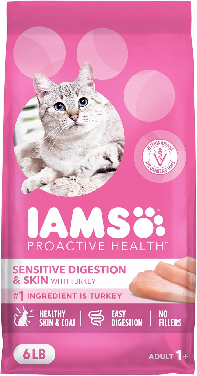 IAMS Proactive Health Sensitive Digestion & Skin Dry Cat Food, Adult Cat Food Dry Recipe with Real Turkey, 6 lb. Bag