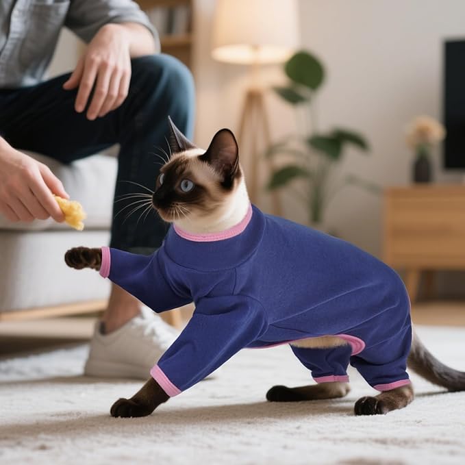 DENTRUN Cat Clothes for Hair Control with Hair Sticky Fabric - Soft Recovery Suit & Breathable Lint-Resistant Cat Sweater for Cats Only, Kitten Onesie Pajamas, L, Blue