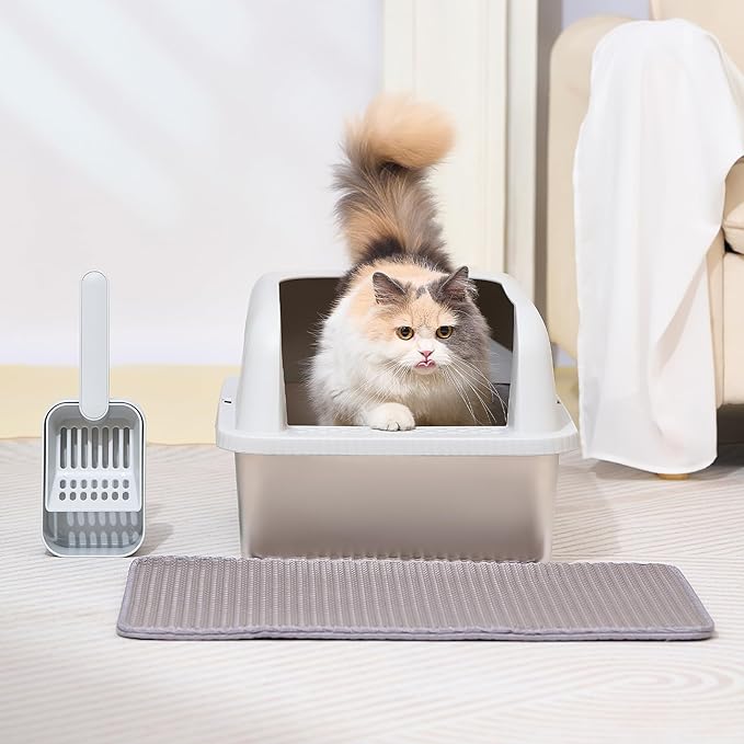 Henkelion 2 Pack Stainless Steel Cat Litter Box with Lid, 24" L x 16" W x 11.8" H, Extra Large Litter Box for Big Cats with High Sided, Anti-Urine Leakage, Easy Cleaning, Include Cat Mat and Scoop