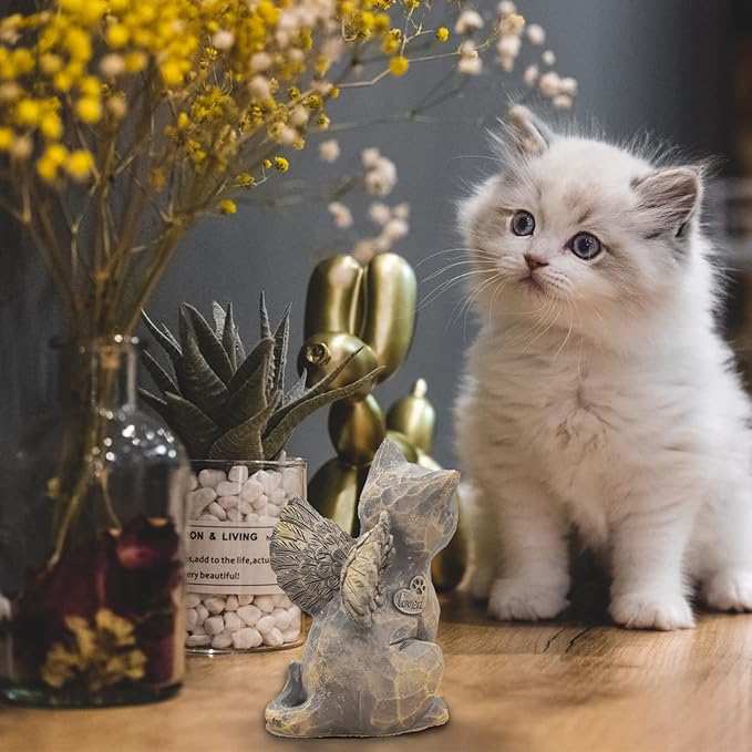 Cat Angel Memorial Figurine, Gray, Resin Sculpture for Cat Lovers, Pet Loss Gift, Hand-Painted