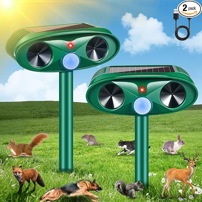 2 Pack Solar Ultrasonic Animal Repeller Outdoor Deer Repellent Devices Motion Activated Cat Deterrent for Yard Garden IP65 Waterproof Ultrasonic Pest Repellent for Squirrel Raccoon Dog Skunk Rabbit