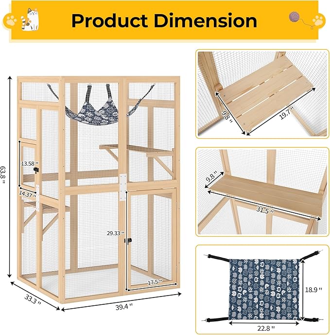 COZIWOW Catio Outdoor Cat Enclosure Window Access, Wooden Cat House Shelter, Kitty Cage with Hammock for Patio Indoor (Wood)