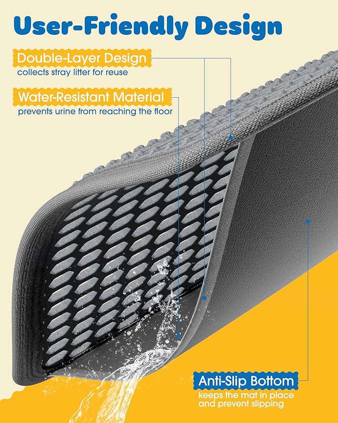 27" x 19" Cat Litter Mats (2-Pack) - Ultra-Large Litter Box Mats with Double Layers, Urine-Proof and Non-Slip Litter Trapping Mats, Easy to Clean Kitty Litter Mats for Floor, Scatter Control, Grey