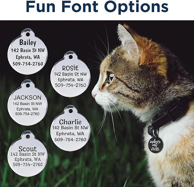 GoTags Personalized Small Indoor Cat Tag - Engraved with 4 Lines of Custom ID, Gold Stainless Steel Round Pet ID Tag