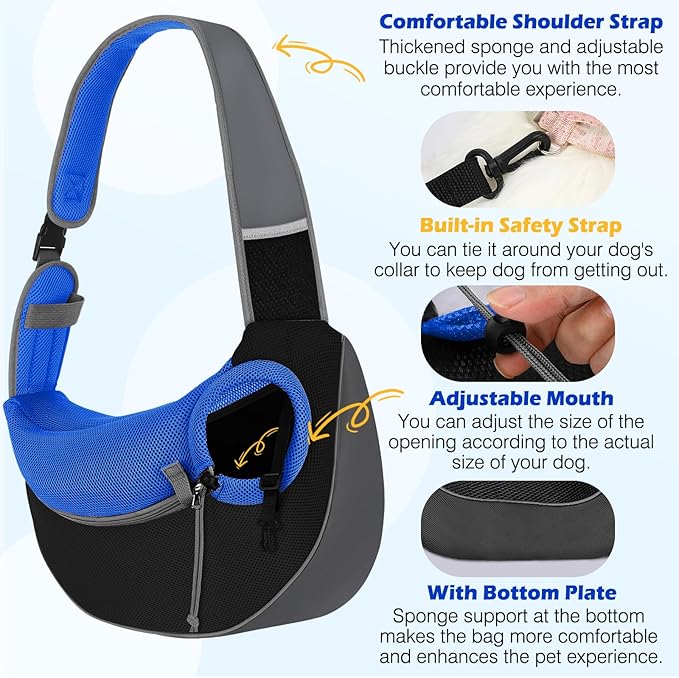 Pawaboo Dog Sling Carrier, Hand Free Breathable Mesh Bag for Puppy Cat, Drawstring Dog Papoose with Adjustable Strap and Pocket, Crossbody Satchel Dogs Purse for Outdoor Travel, S, Indigo