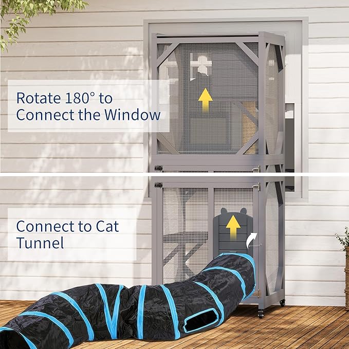 Outdoor Catio Enclosure on Wheel, 68" Large Catio Outdoor Cat Enclosure with Weatherproof Asphalt Roof & Sliding Doors, Wooden Cat Condo Cage Shelter Playpen with Napping House & 4 Jumping Platforms