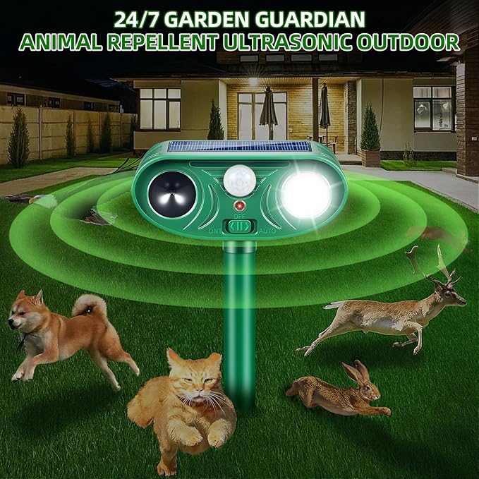 2026 Solar Ultrasonic Animal Repellent Sonic Fortress Pro Raccoon Repellent Cat Repeller Deer Deterrent with Flash Light Motion Sensor to Keep Squirrel Rabbit Dog Skunk Out of Garden Yard(4Pack)