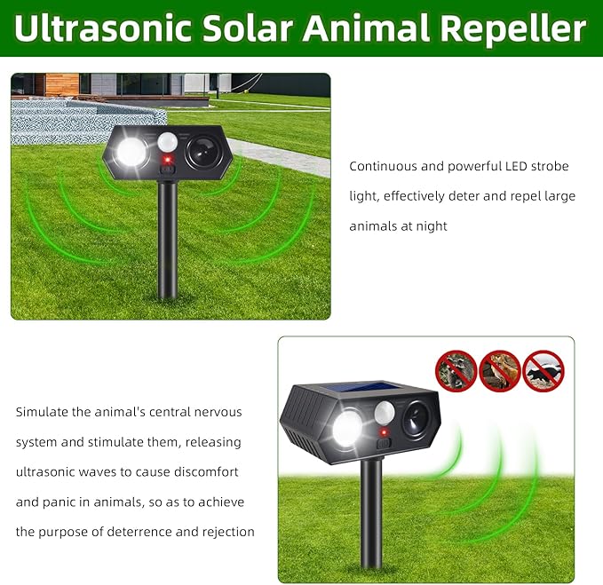 2025 Solar Ultrasonic Animal Repellent Sonic Fortress Pro Deer Repellent Rabbit Repeller Raccoon Squirrel Deterrent with Flash Light Motion Sensor to Keep Cat Dog Fox Skunk Out of Garden Yard(4Pack)