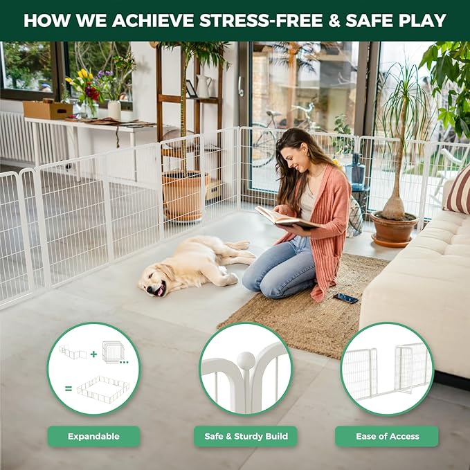 FXW Homeplus Unleashed Indoor Dog Playpen - Stress-Free and Safe Play, Heavy Duty 40 Inch 12 Panels Dog Pen for Medium and Large Dogs, White│Patented