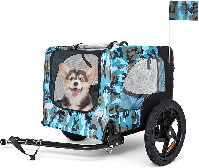 Heavy-Duty Dog Bike Trailer & Collapsible Pet Carrier for Bike with 16-Inch All-Terrain Wheels, Universal Hitch, Safety Flag & Weather-Resistant Design for Outdoor Adventures