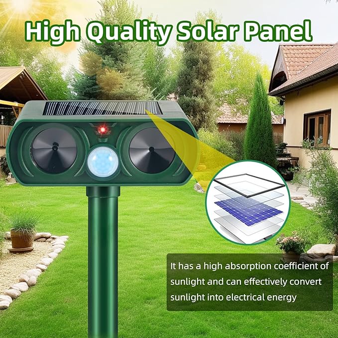 4 Pack Solar Ultrasonic Animal Repeller Outdoor Motion Activated Cat Deterrent & Deer Repellent Devices for Yard Garden IP65 Waterproof Ultrasonic Pest Repeller for Squirrel Raccoon Dog Skunk Rabbit